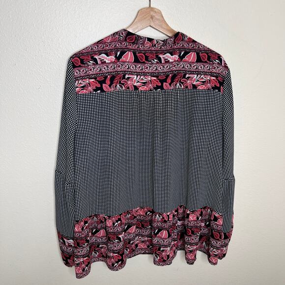Style & Co Black Pink Floral Check Print Boho Blouse Large - Picture 5 of 9